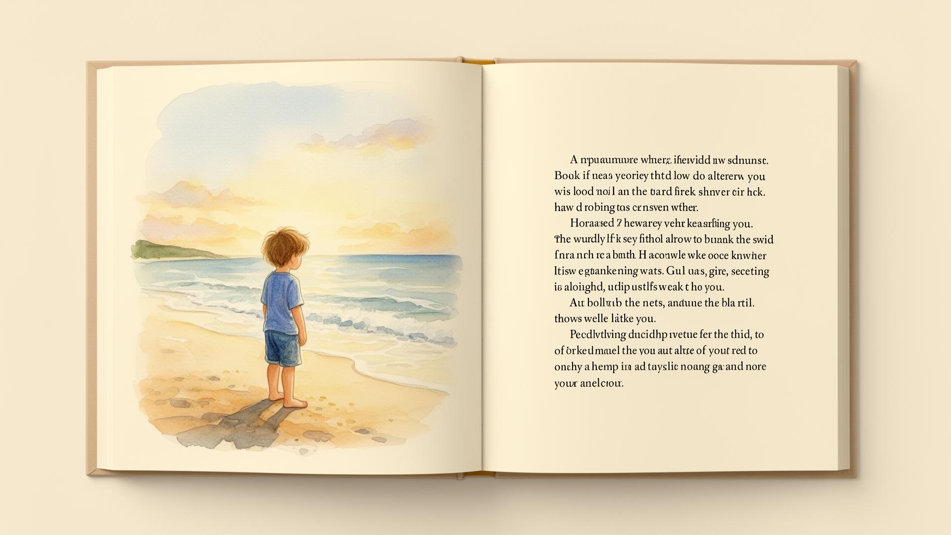 An open keepsake storybook with a watercolor illustration and elegant story text